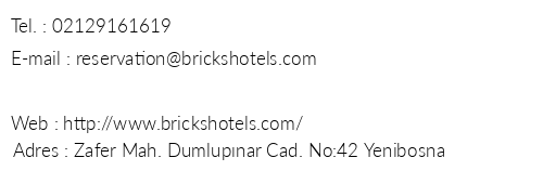 Bricks Airport Hotel telefon numaralar, faks, e-mail, posta adresi ve iletiim bilgileri